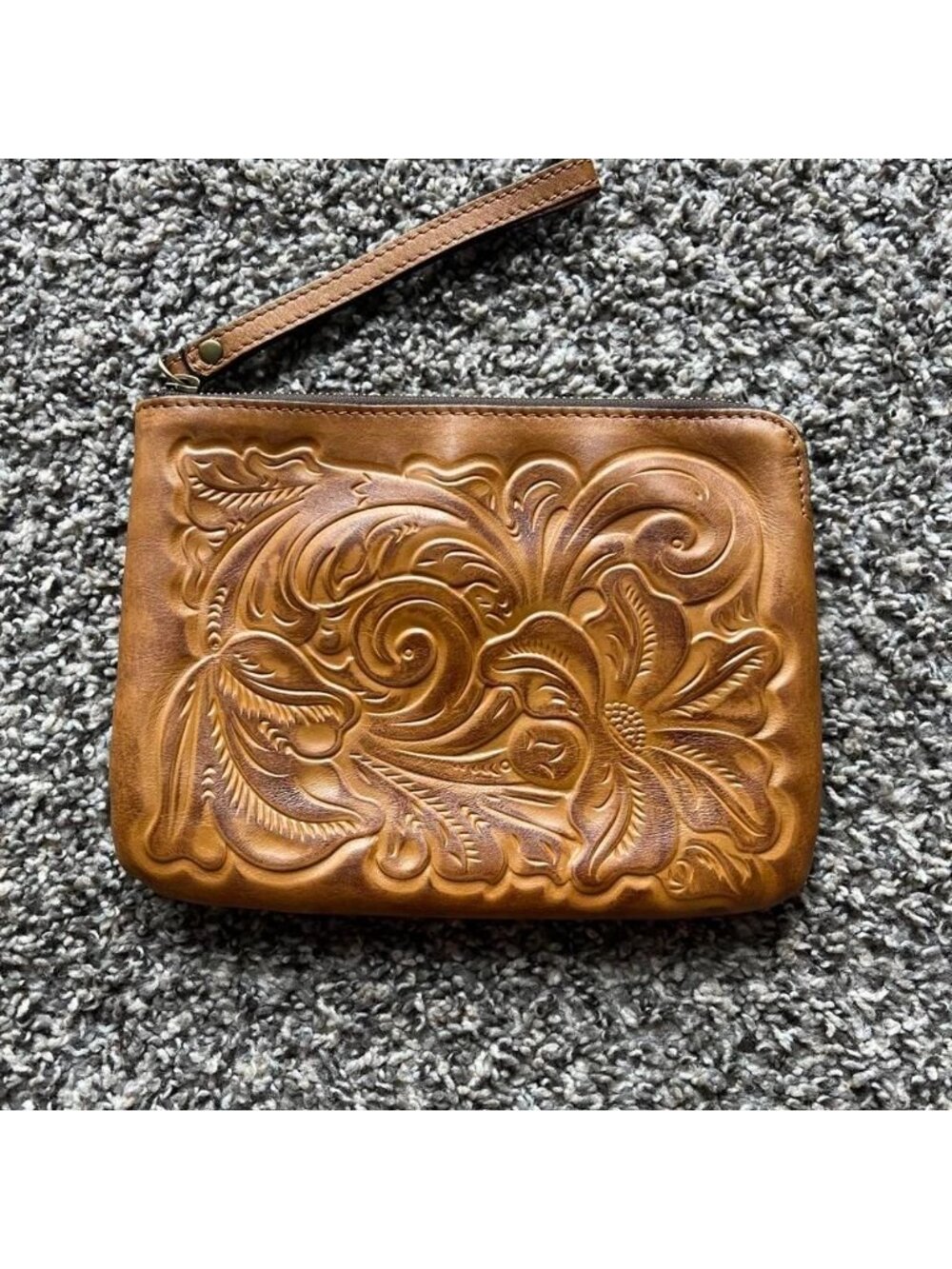 Patricia Nash Cassini Tooled British Tan Leather Wristlet Western Boho Floral